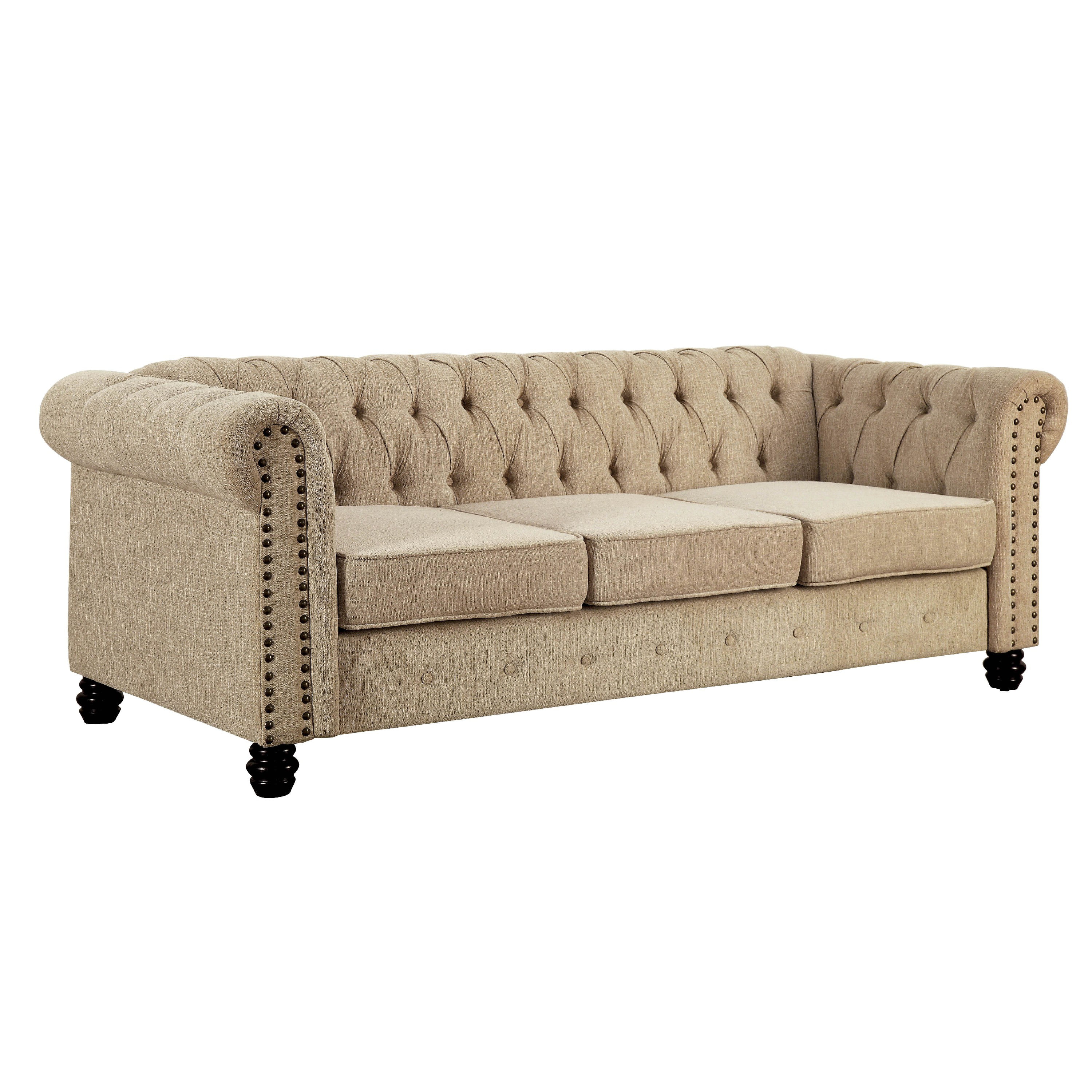 Furniture of America Tufted Traditional Faux Linen Bakari Sofa, Ivory ...