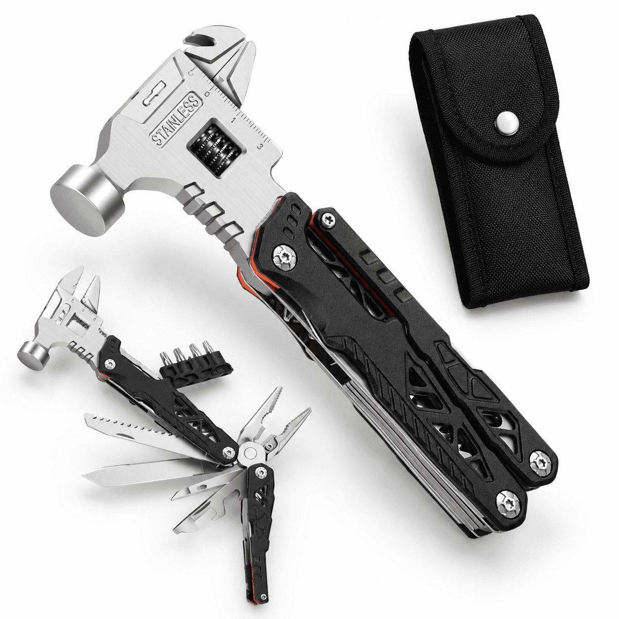 Upgraded Wrench(black) 18-in-1 Pocket Multitool Hammer with Adjustable Spanner and Replaceable Wire Cutters