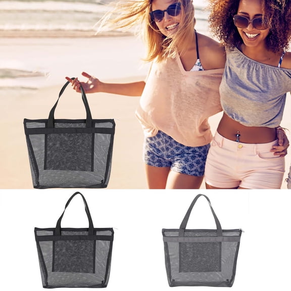 Hvmvliv Mesh Beach Bag Swimming Bag,Portable Travel Wash Bag,Foldable Hollow Shopping Tote with Zipper for Toiletries,Cosmetics,Towels,Clothes,Size:11.8X3.9X11in Black