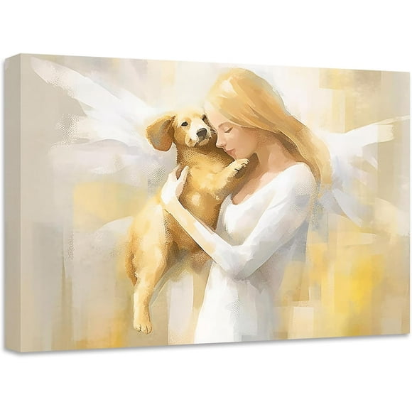 ZHONGYUTONG Angel Canvas Wall Art Girl Holding Dog Picture Prints Angel Wings Painting Abstract Artwork for Living Room Bedroom Decor Framed (24.00" x 36.00")