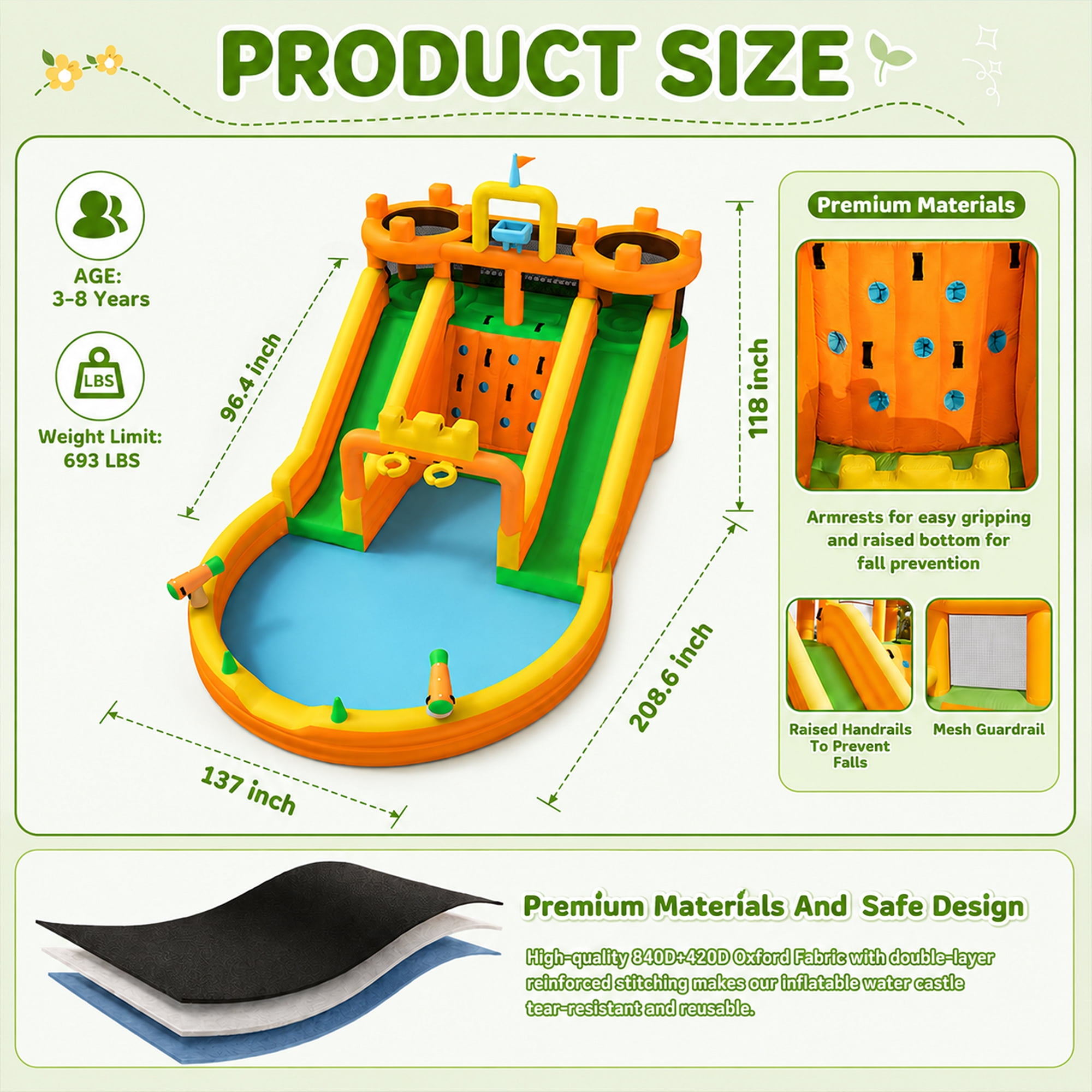 INFLATEFLY Inflatable Water Park 10 in 1 Multifunctional with Double Slides, Climbing Wall, 2 Basketball Hoops, Dual Water Cannons