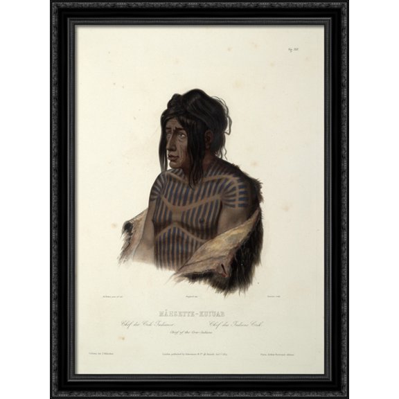 Mahsette-Kuiuab, Chief of the Cree Indians, plate 22 from volume 1 of `Travels in the Interior of North America' 28x36 Large Black Ornate Wood Framed Canvas Art by Karl Bodmer