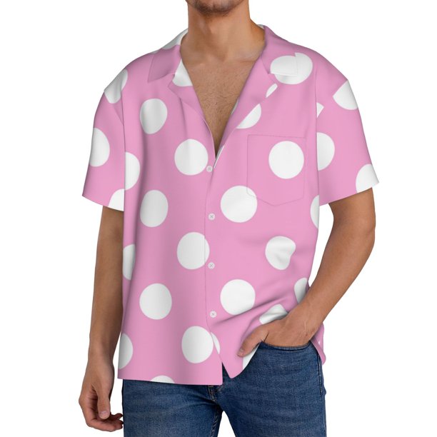 Fotbe Pink And White Polka Dot Camisa Estampada de Manga Corta para Hombre, Casual de Verano, Estilo Playero, Sin Arrugas-Large