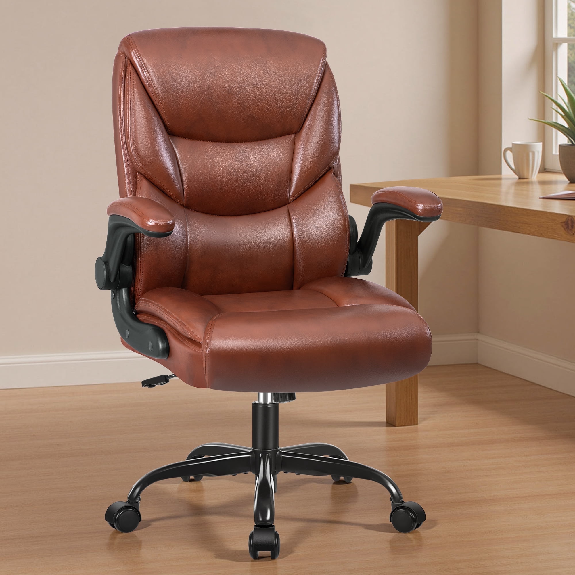 Primy Compact PU Leather Office Chair - Ergonomic Adjustable Height Computer Desk Chair with Flip-Up Armrests, Mid-Back Executive Swivel Chair on Wheels for Small Spaces & Petite Users, Brown