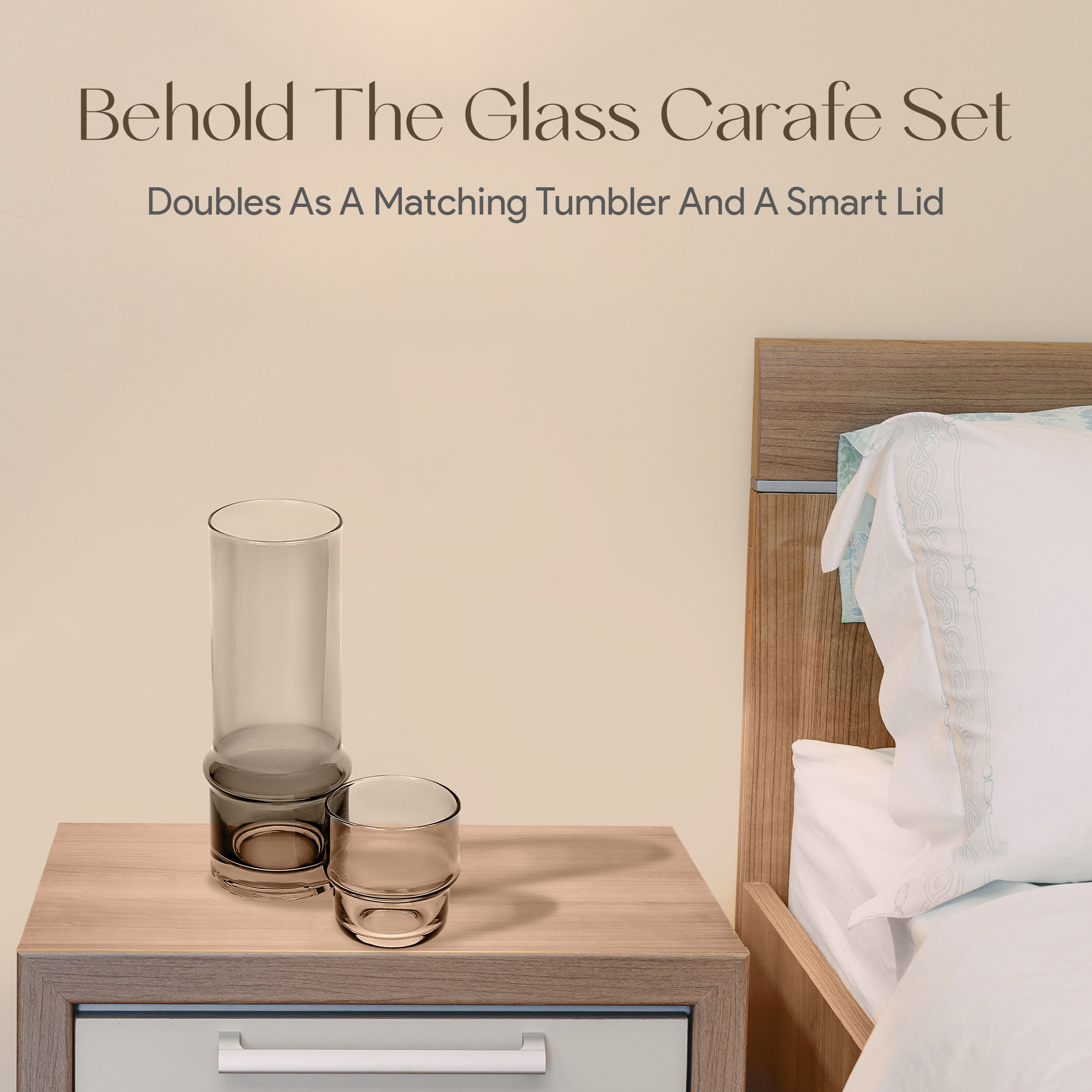Elle Decor Bedside Water Carafe with Tumbler 33-Ounce Pitcher and Matching Drinking Glass, Stackable Cup as a Lid, Gray