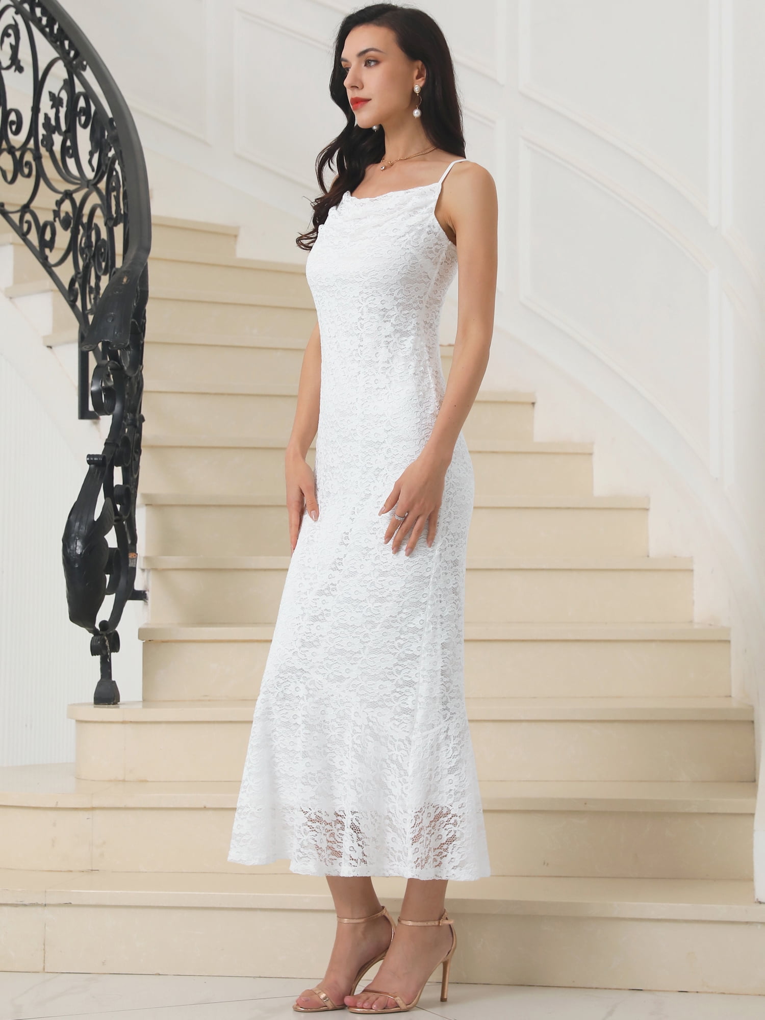 DARING DIVA Women's Cowl Neck Spaghetti Strap Formal Cocktail Dress S White