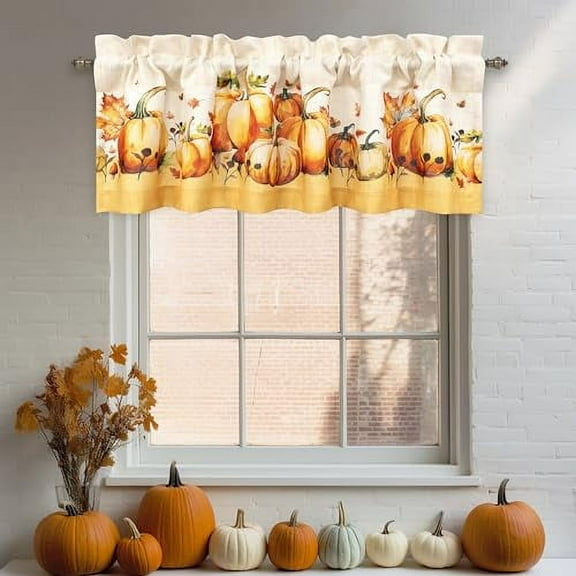 DriftAway Fall Thanksgiving Kitchen Curtains Valances Linen Textured Valance for Windows Autumn Pumpkins Mushroom Print Rod Pocket Window Treatment for Kitchen Living Room Bedroom Bathroom 52" x 15"