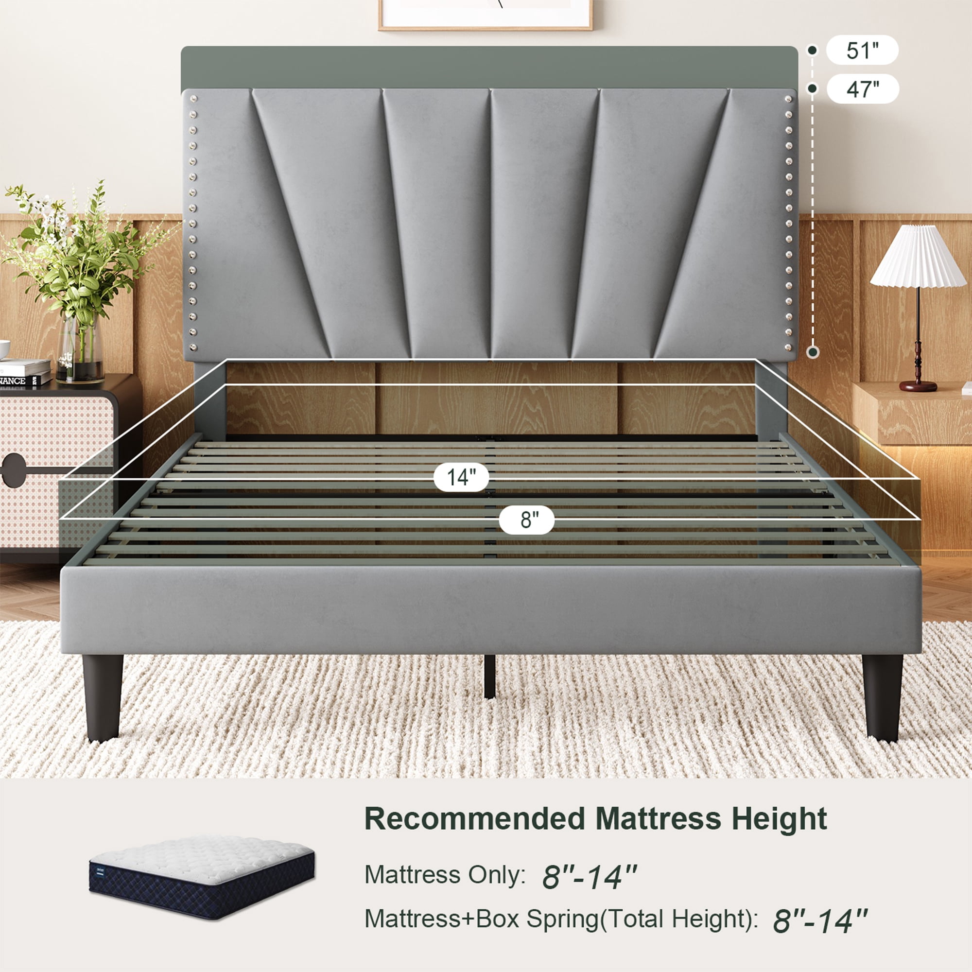 Einfach Queen Size Premium Velvet Upholstered Platform Bed Frame with Adjustable Headboard,Under-Bed Storage,Heavy-Duty Metal Support, Noise-Free Slats, Gray