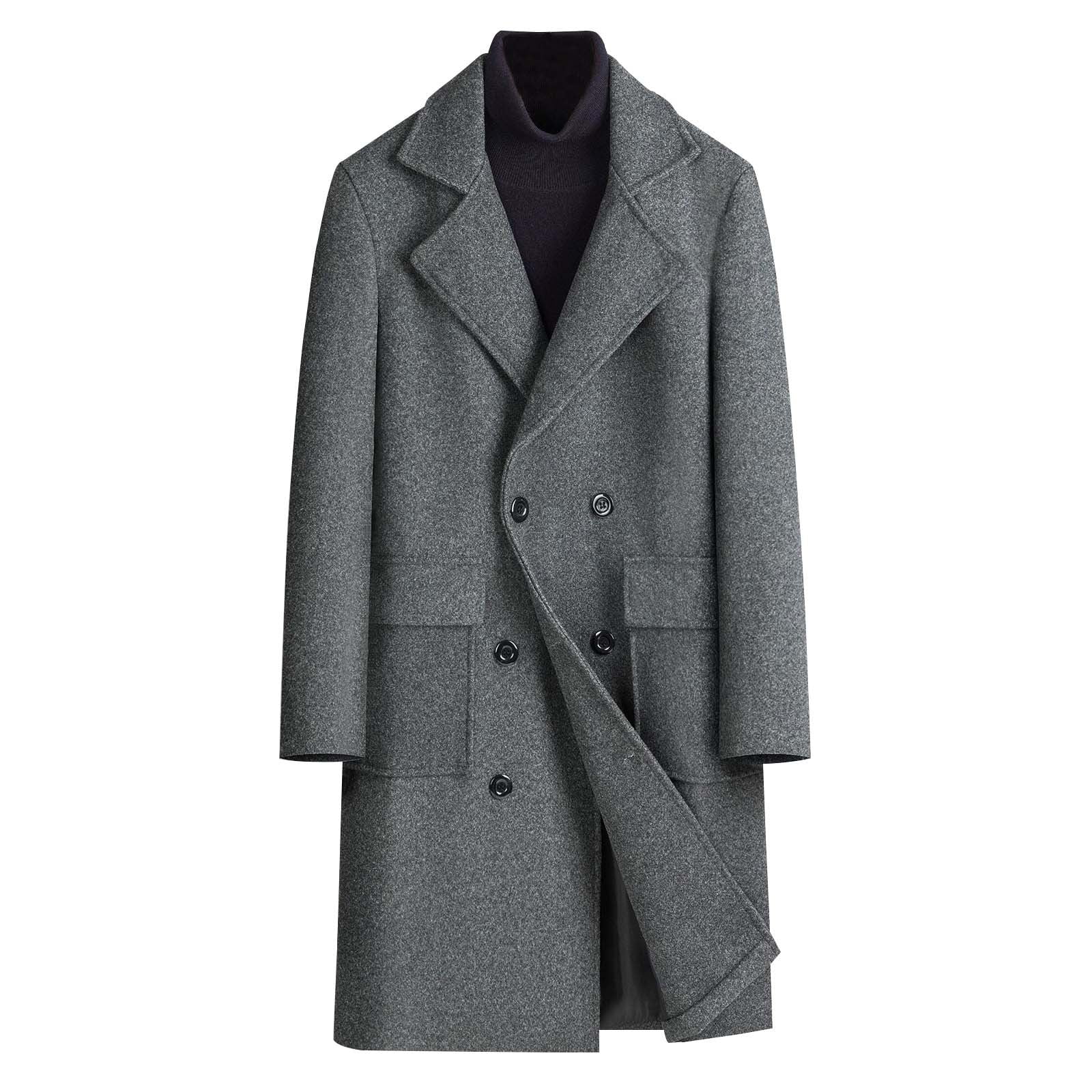 Double-Breasted Woolen Blend Long Coat For Men, Classic Flip