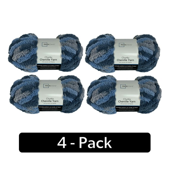 Mainstays Chunky Chenille Yarn, 31.7 yd, Multi Blue, 100% Polyester, Super Bulky, Pack of 4