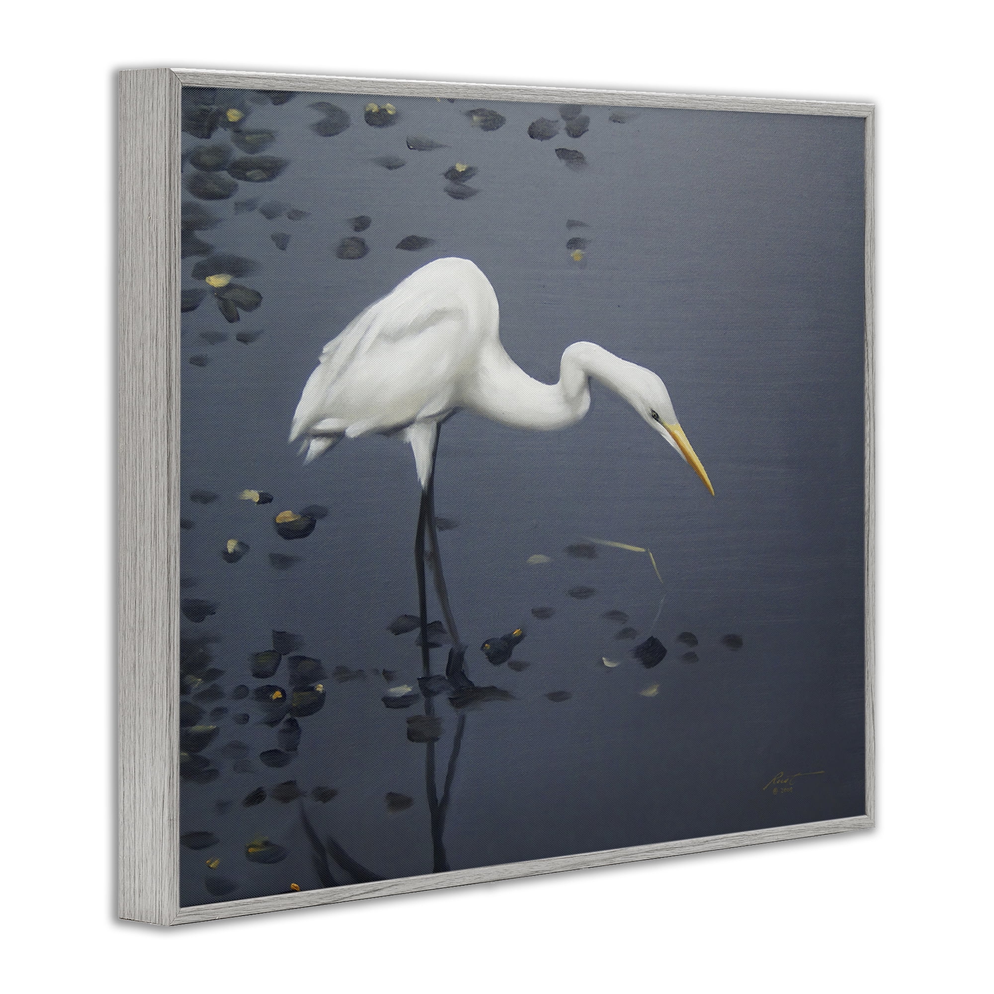 Stupell Industries Graceful Egret in Lake Animals & Insects Painting Gray Framed Art Print Wall Art, 14 x 11