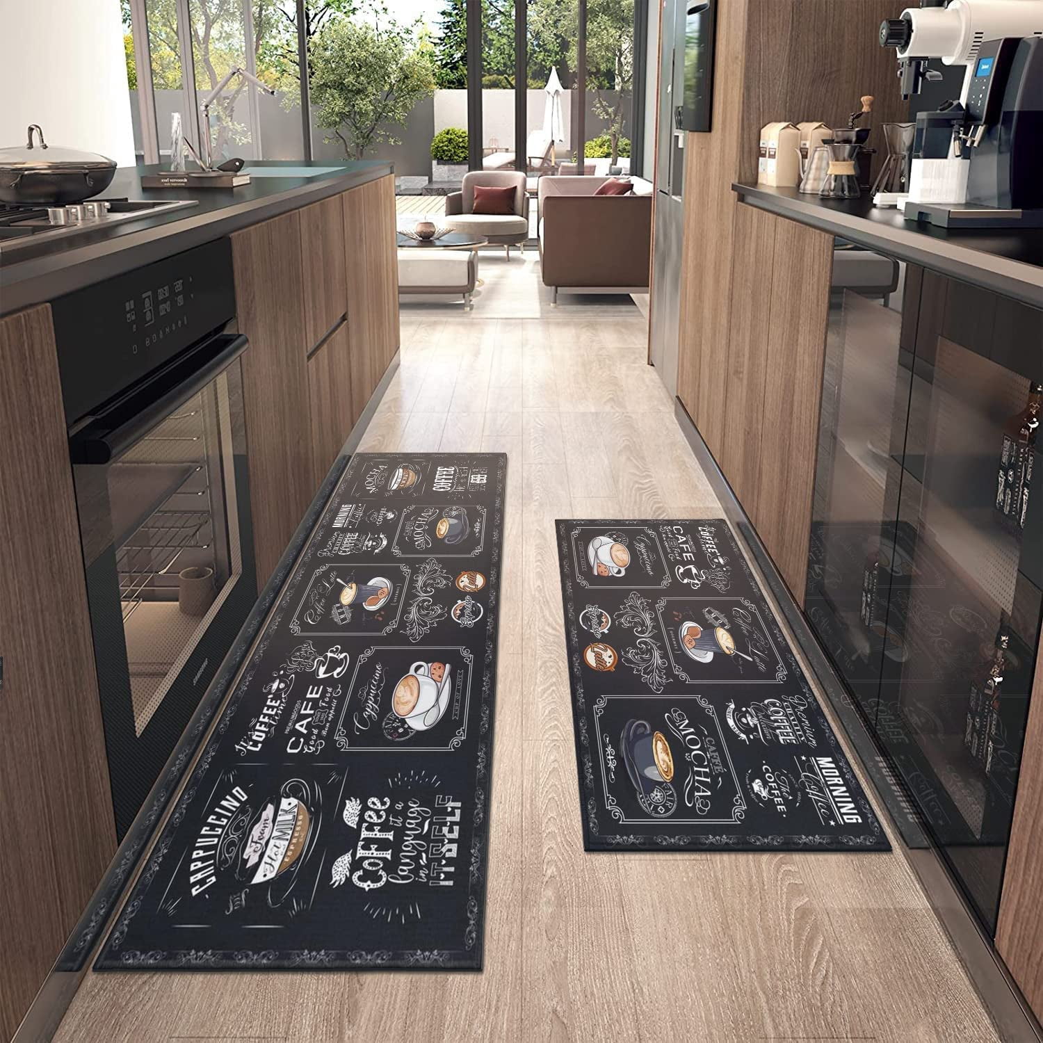 Black Coffee Theme Kitchen Rugs Set of 2,Cafe Kitchen Rugs and Mats Non Skid Washable,Black Kitchen Runner Rugs with Rubber Backing (Classical-Tea 17"x48"+17"x30")