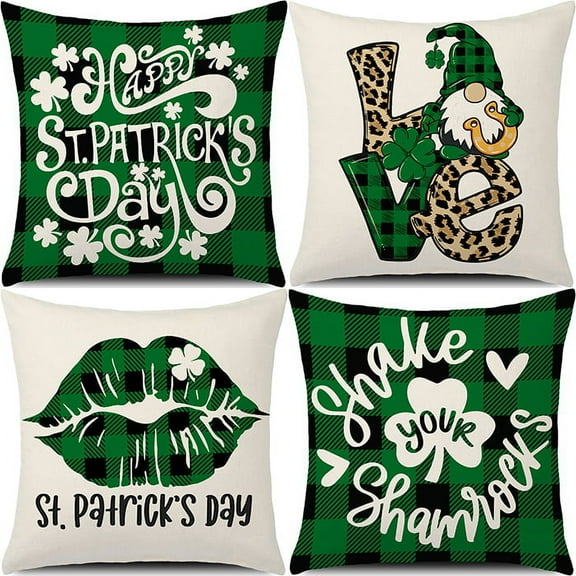 St. Patrick’s Day Pillow Covers, Happiwiz 18×18“ Set of 4 Farmhouse Green Throw Buffalo Check Modern Pattern Linen Pillow Cushion Case for Sofa Couch Bed Home Decor
