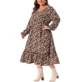 thumbnail image 4 of Vestido de mujer de talla grande Agnes Orinda, estampado floral bohemio, con cuello en V, mangas largas, dobladillo con volantes, largo 4X marrón, 4 of 6