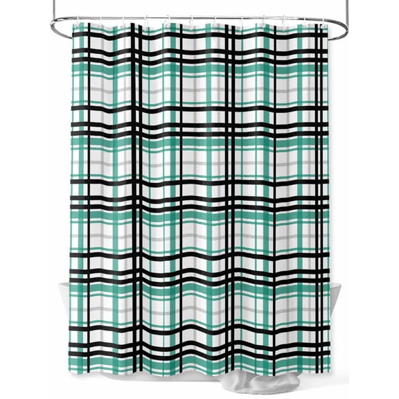 Fsddascl Teal Black Plaid Shower Curtain Set - Small 36" x 72" Washable Bathtub Curtain with 12 Hooks, Farmhouse Teal Black Checkered Waterproof Fabric Stall Shower Curtains for Bathroom/Bathtub