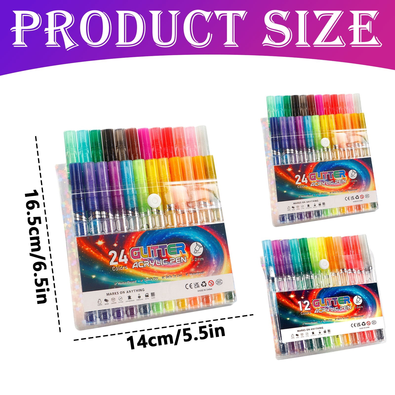 Glitter Acrylic Paint Pens - Water Based Markers 1-2mm Tips for Painting, Journaling, DIY Crafts & Rock Painting - 24 Color Set