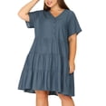 thumbnail image 1 of Women's Plus Size Denim Dress Tiered V Neck Short Sleeve Midi Chambray Dresses Grey Black 2X, 1 of 6