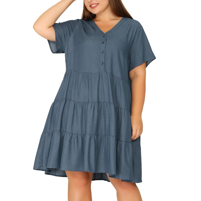 Women's Plus Size Denim Dress Tiered V Neck Short Sleeve Midi Chambray Dresses Grey Black 2X