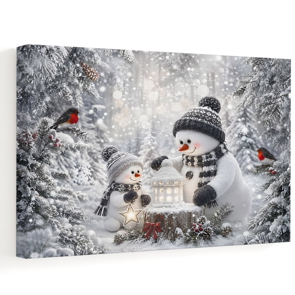 Christmas Winter Canvas Wall Art, Rustic Snowmen Red Bird Green Pine Tree Wooden‑Stretched Canvas Print Artwork, Home Wall Decor for Living Room Bedroom Office 18"Lx12"W
