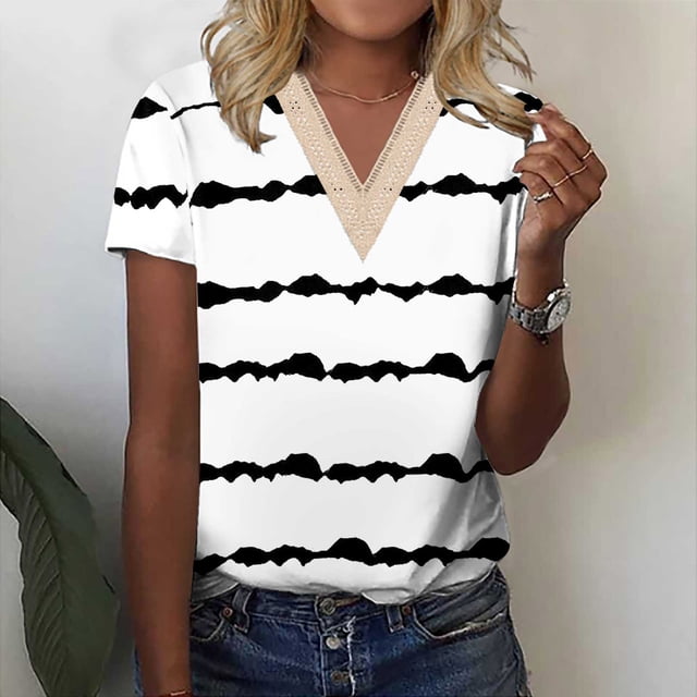 Fiudx Ropa de Mujer Blusa de Manga Corta con Retazos de Encaje y Cuello En V Estampado Informal a La Moda para Mujer