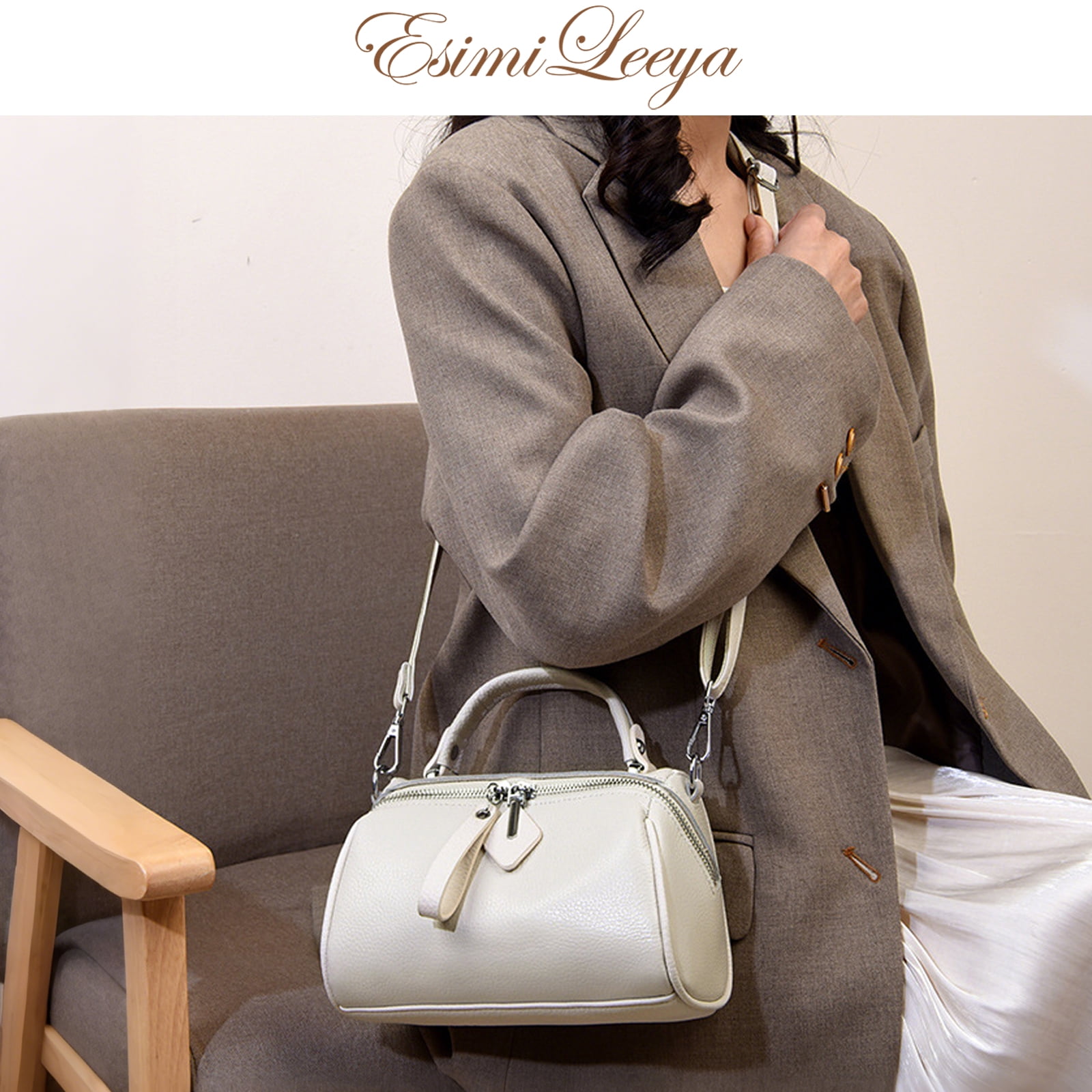 PORT&LOTUS Small Boston Bag Genuine Leather Crossbody Bag  Handbag for Women with Hand Strap and Adjustable Shoulder Strap.