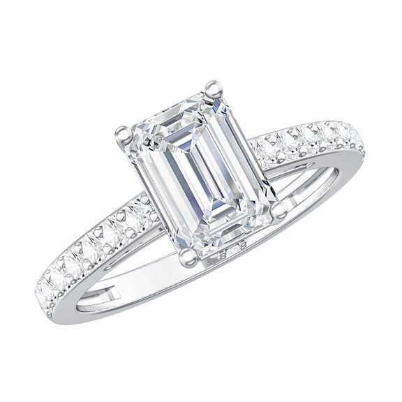 Rosec Jewels Emerald Cut Lab Grown Diamond Ring - Hidden Halo Engagement Ring (6X8 mm, EF-VS Grade), 925 Sterling Silver, US 4.00