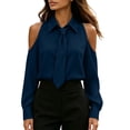 thumbnail image 6 of Cold Shoulder Shirts for Womens Solid Color Turndown Collar Casual Shirt Long Sleeve Dressy Top with Tie Navy M, 6 of 9