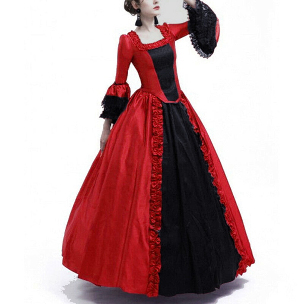 RYRJJ Women's Gorgeous Gothic Ball Gown Flared Sleeves Renaissance Vintage Medieval Dress Square Neck Lace Patchwork Masquerade Maxi Long Dress(Red,M)