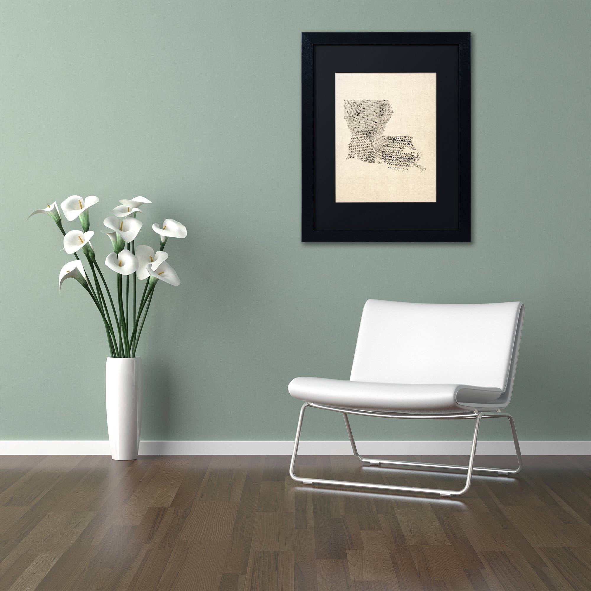 Trademark Fine Art "Old Sheet Music Map of Louisiana" Canvas Art by Michael Tompsett Black Matte, Black Frame