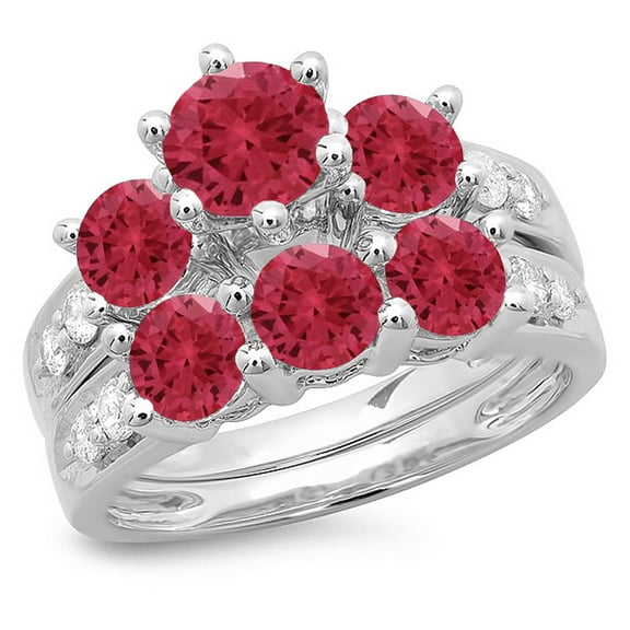 Dazzlingrock Collection 14K Ruby & White Diamond Bridal 3 Stone Engagement Ring Band Set, White Gold, Size 5.5