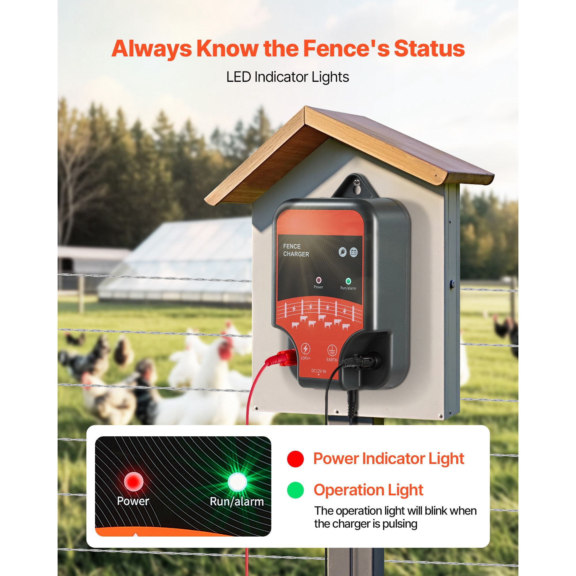 Electric Fence Charger, 2 Joule 10kV Output, Supports AC/DC/Solar Power, IP65 Waterproof, -40°F to 131°F, 1-3 km Range for Livestock and Wildlife Protection
