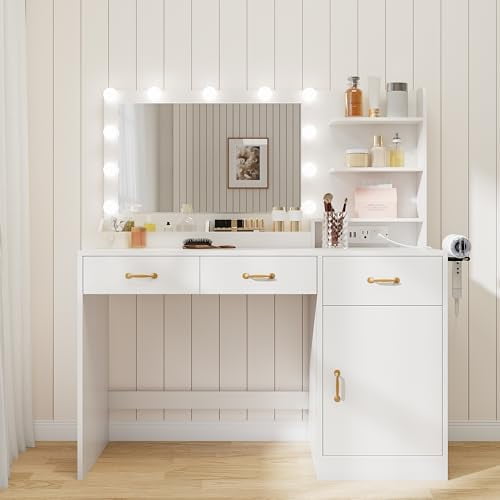 Vanity Desk with Mirror and Lights, Makeup Vanity with Power Outlet and 11 LED Bulbs, Dressing Table with 3 Drawers and Storage Cabinet for Bedroom, Modern Makeup Table, White