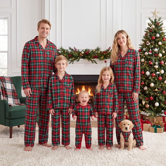 Christmas Family Matching Pajamas Set Plaid Long Sleeve Tops and Pants 2PCS Sleepwear Set