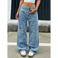 thumbnail image 5 of Women's Mid  Rise Wide Leg Light Blue Patchwork Cargo Jeans Casual Streetwear Denim Pants, 5 of 8