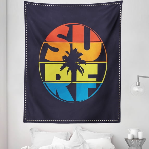Modern Tapestry, Surf Typography in Rainbow Colors Featured with Palm Tree Silhouette Illustration, Fabric Wall Hanging Decor for Bedroom Living Room Dorm, 5 Sizes, Multicolor, by Ambesonne