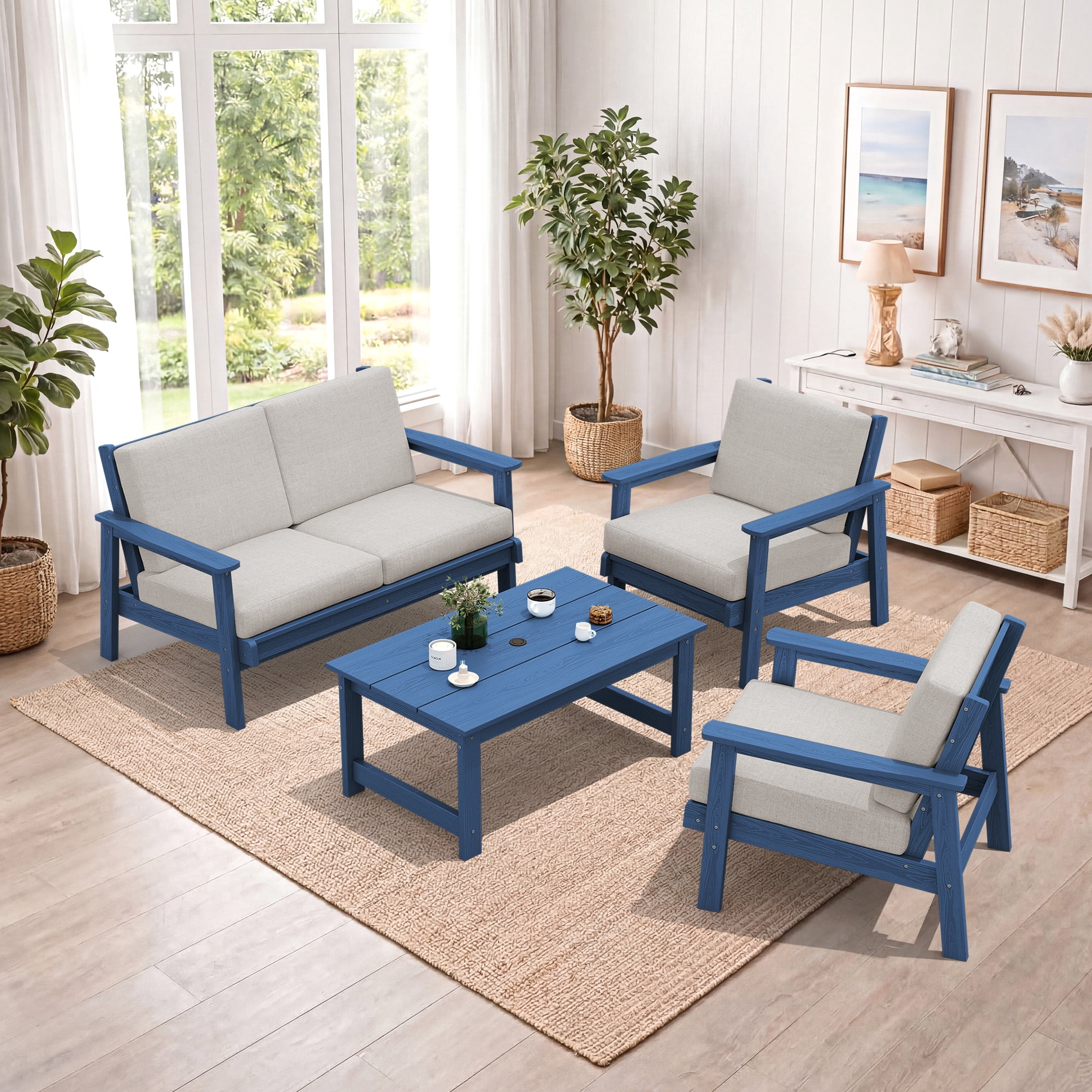 SERWALL 5 Pieces Outdoor HDPE Patio Furniture Sets, Conversation Sets with Cushions, 2 Armchairs & 1 Loveseat & 1 Coffee Table for Poolside, Balcony, Porch & Backyard, Blue / Khaki