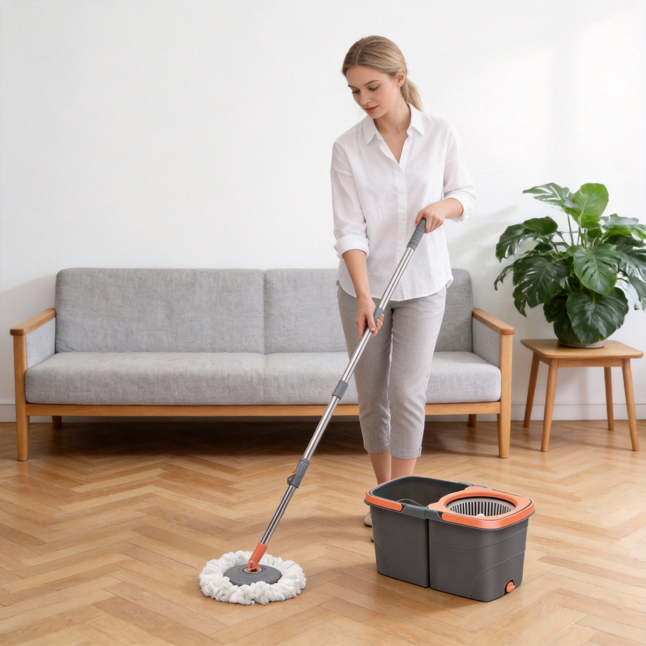 GARITIN Spin Mop and Bucket, Microfiber Mop with Wringer, Hands-Free Auto-Spin Drying, Dual-Bucket Floor Cleaning System for Hardwood Tile Marble