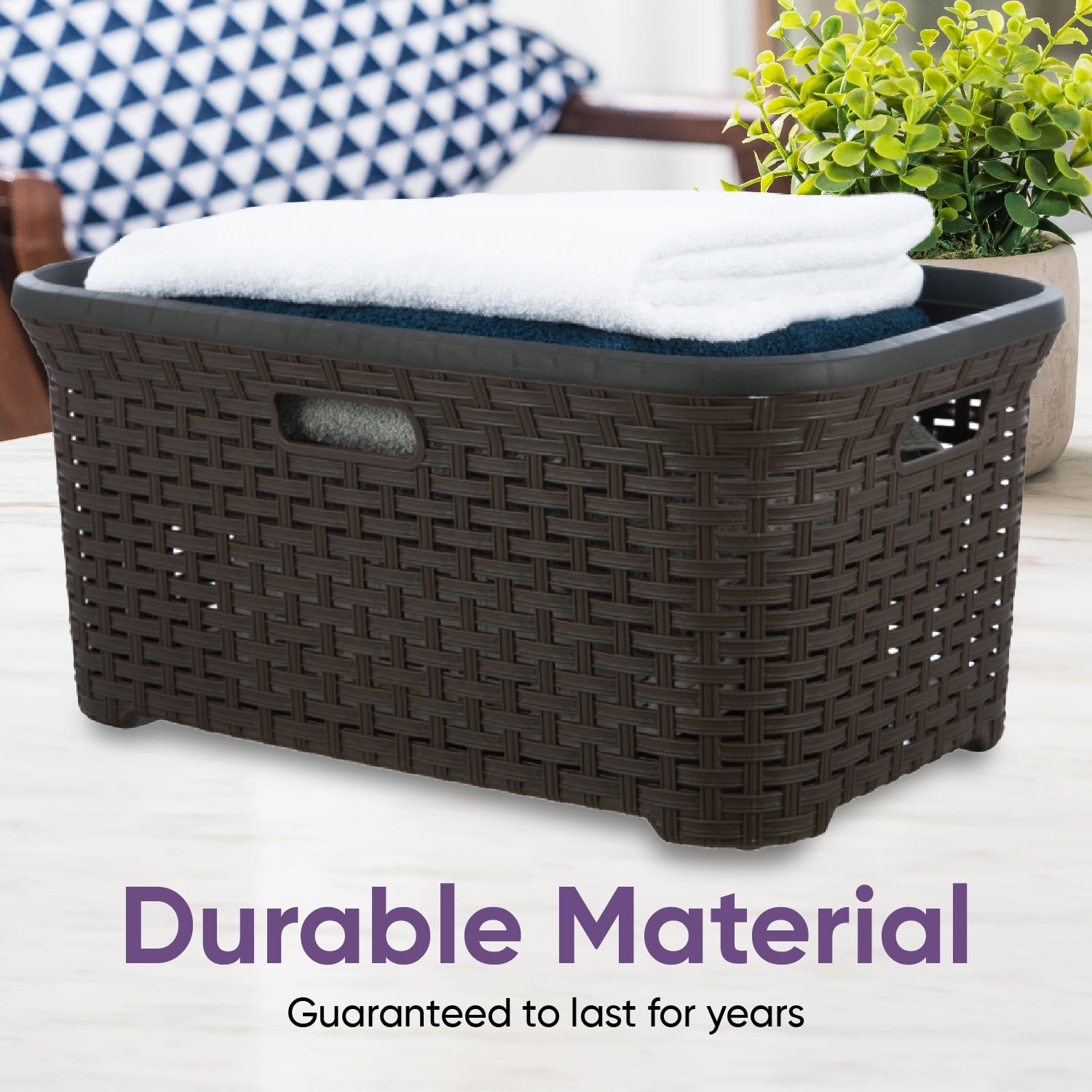 Superio  Large Wicker Laundry Basket with Cutout Carry Handles - Capacity: 50l Brown
