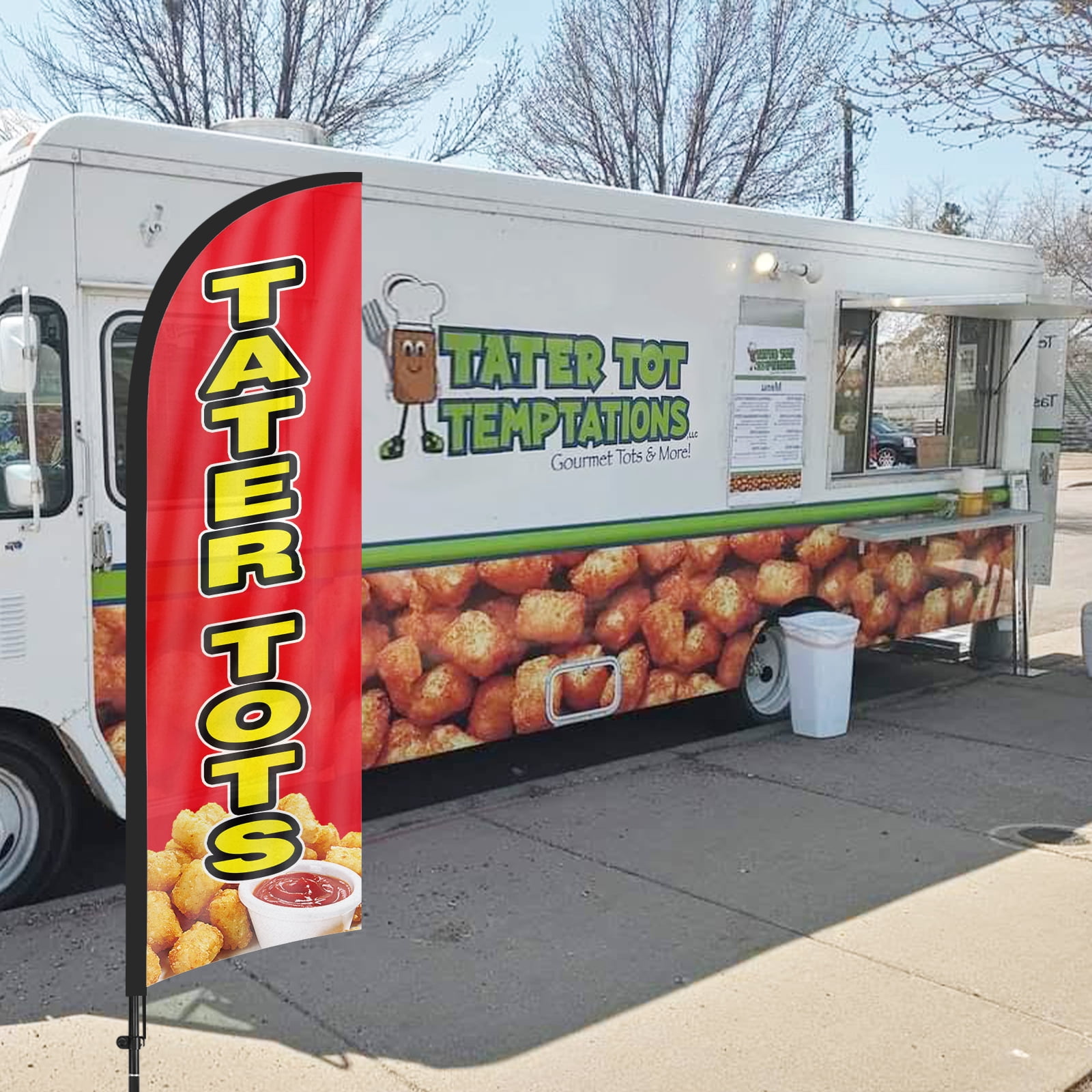 QSUM Tater Tots Feather Flag with Flag Pole Kit and Ground Spike, 8.2FT Tater Tots Windless Flag Banner Sign Business for Outdoor Advertising Sign Decoration Display
