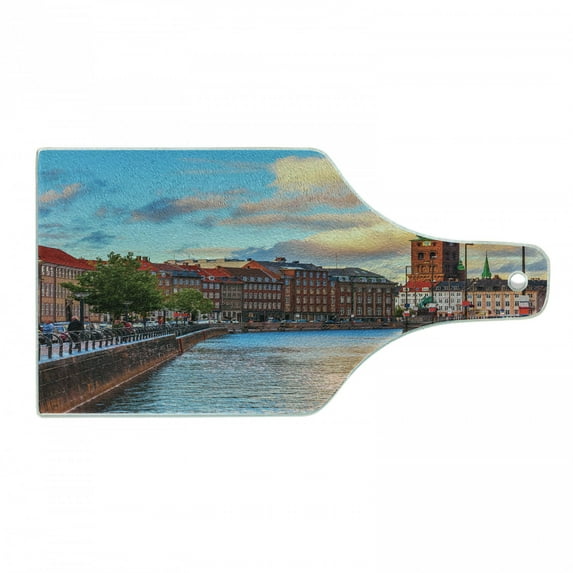 European Cutting Board, Scenic Summer View at Sunset Copenhagen Denmark Old Scandinavian View City Europe, Tempered Glass Cutting and Serving Board, Wine Bottle Shape, Multicolor, by Ambesonne