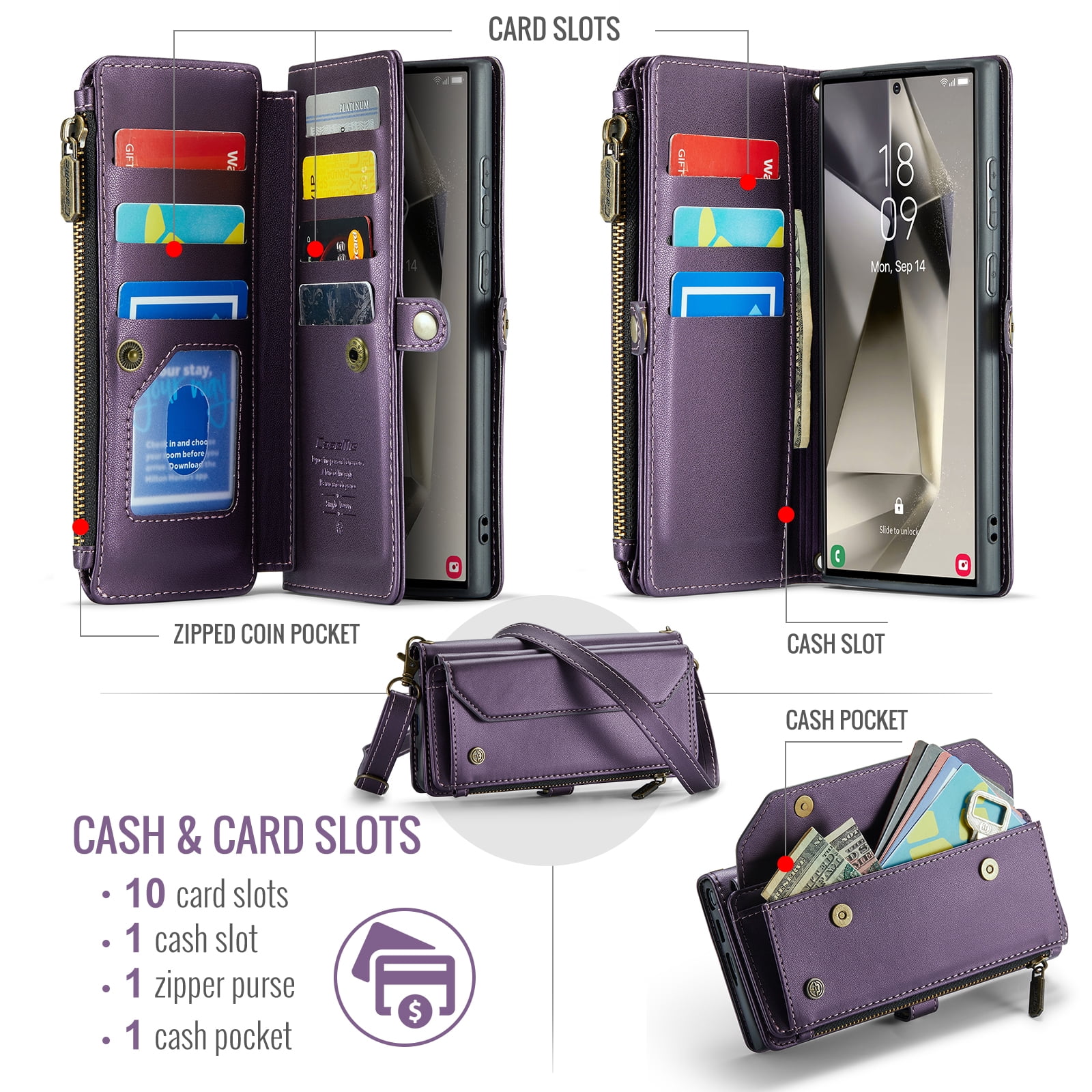 for Samsung Galaxy S22 Full Body Protection Wallet Folio Flip Case, Shoulder Strap & Wristlet Card Slots Zipper Pocket RFID Blocking Rugged Durable PU Leather Phone Case Cover, Purple