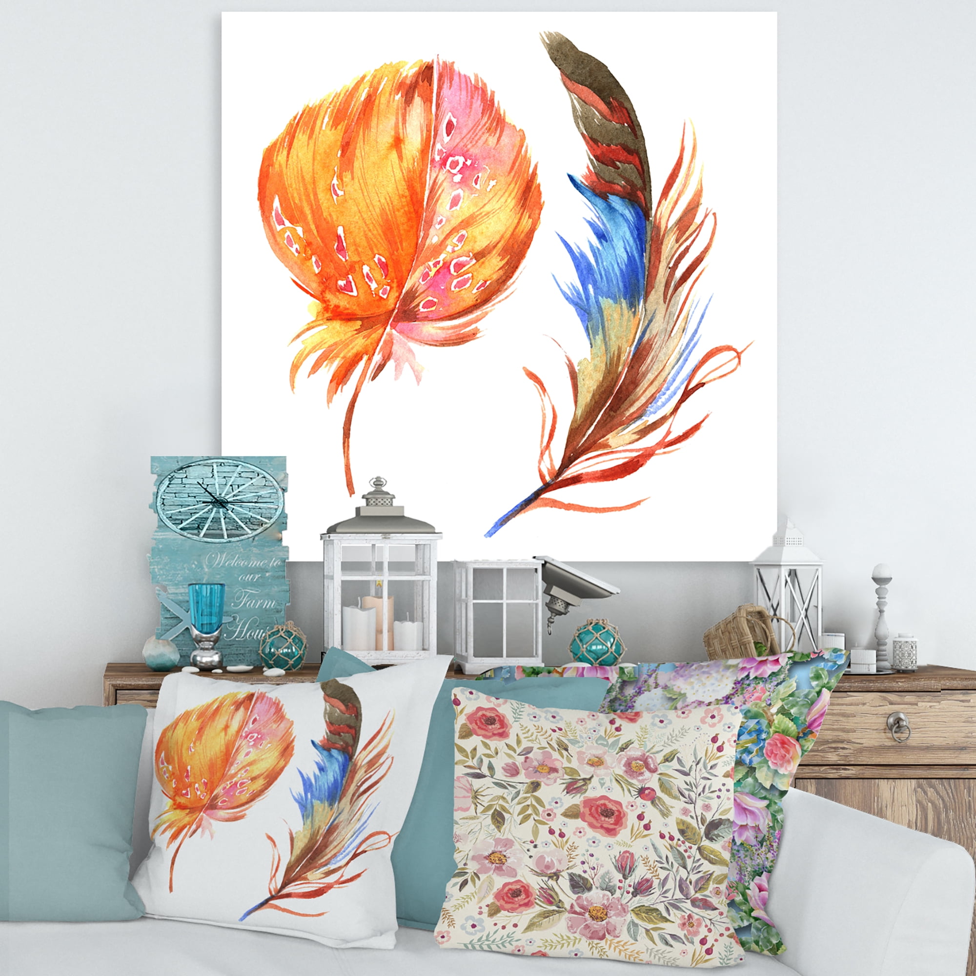 Designart ' Ethnic Brown and Colorful Feather ' Bohemian & Eclectic Canvas Wall Art Print