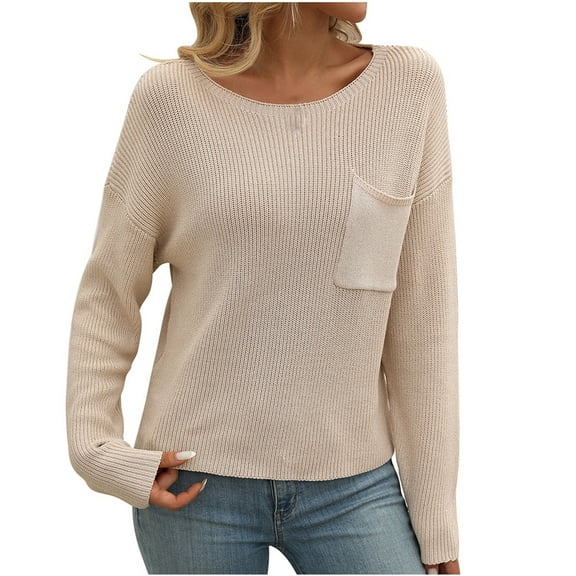UTSJKR Women's Knit Sweaters with Chest Pockets Classic Solid Crew Neck Sweaters Casual Loose Comfy Basic Pullover Jumper Tops Long Sleeve Tops 2024 Fashion Beige XL