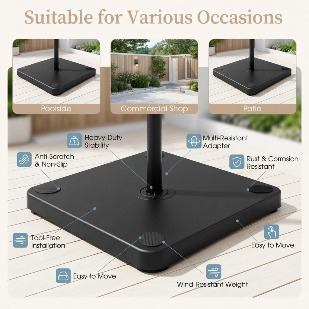 Resenkos Outdoor Umbrella Base, 20 Inches Patio Umbrella Base with 4 Adjustable Footpads, Black