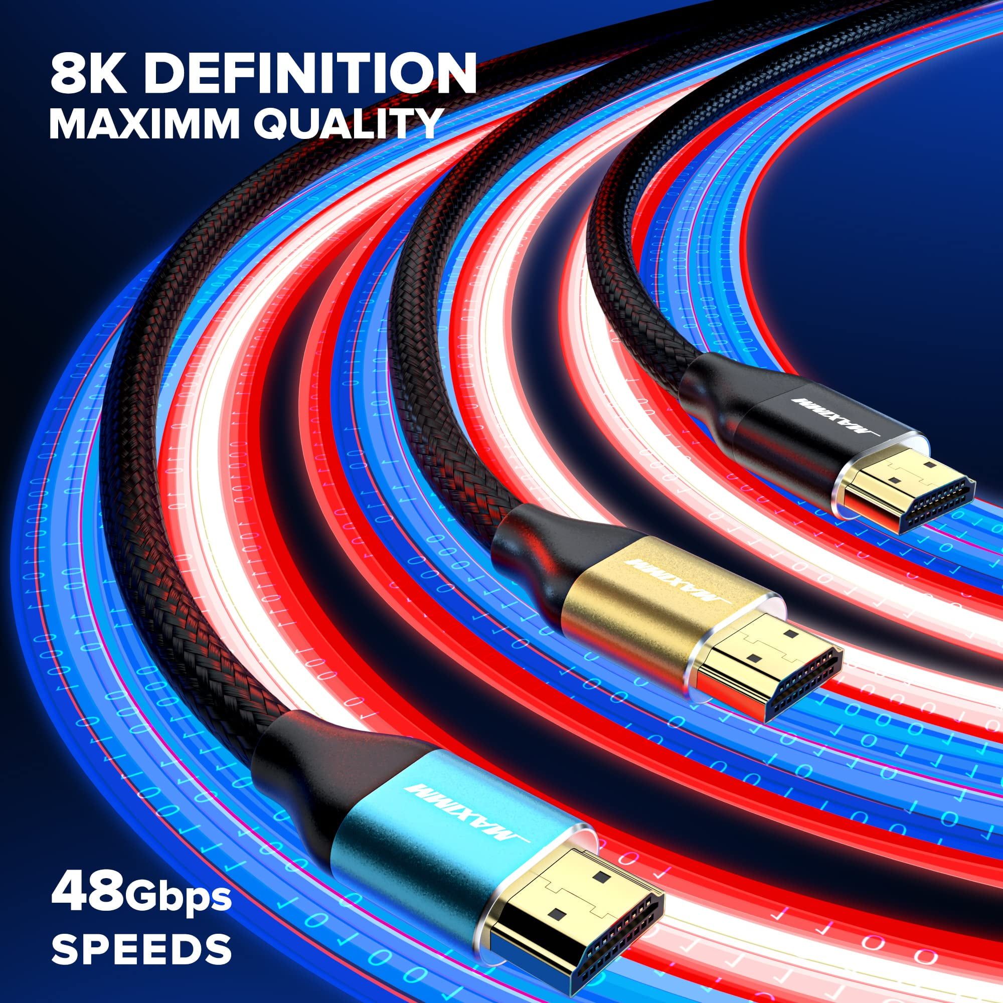 HDMI Cable 8k (Maximm Cable?s New Upgraded Design) HDMI 2.1, 15ft, Certified 48Gbps, 8K@60Hz 18Gbps 4K@120Hz Ultra High-Speed Gaming HDMI Cable, 8k/4k Cable, 3 Pack, UL-Listed