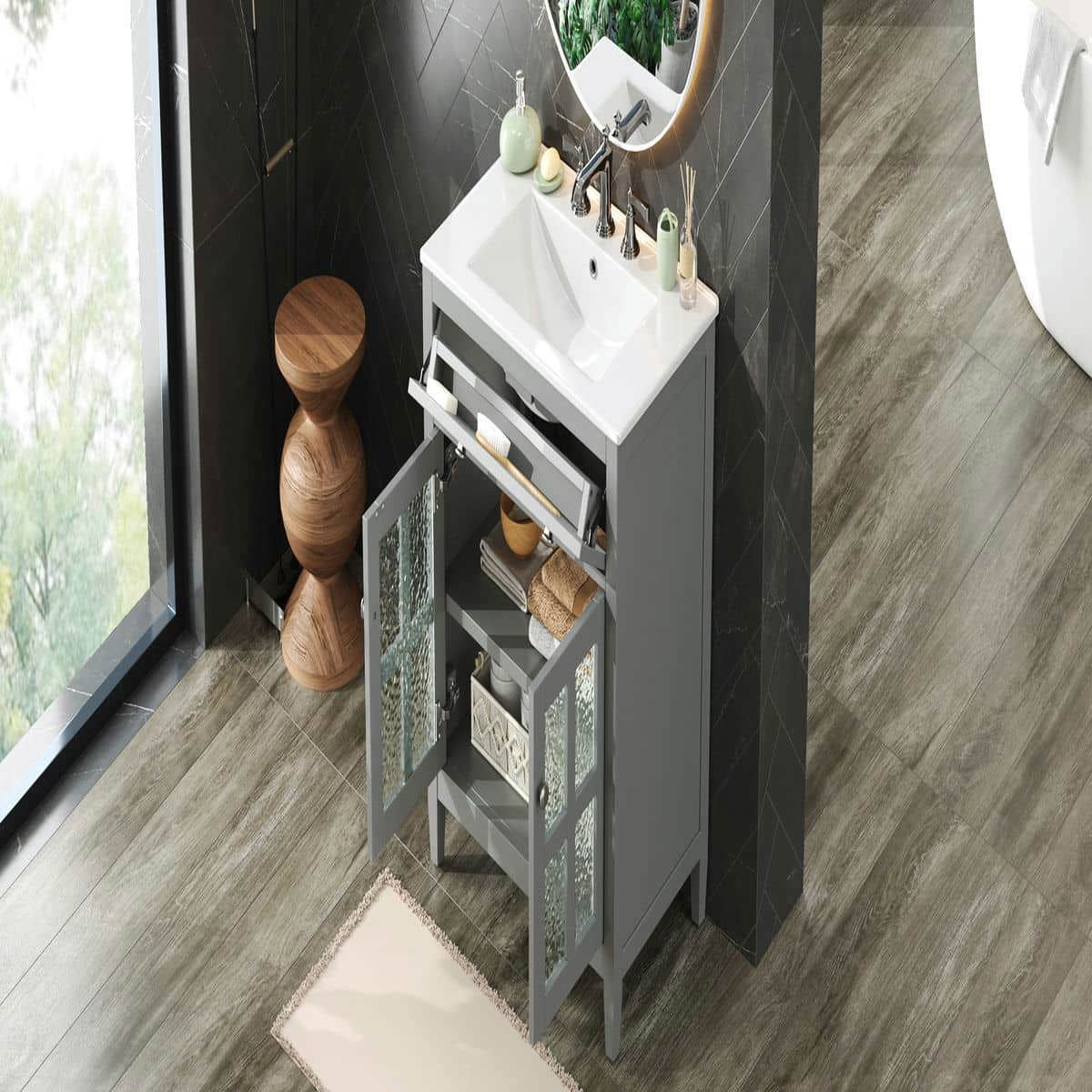 Resenkos 30" Bathroom Vanity with Ceramic Sink, Solid Wood Legs, Adjustable Shelf, Tip-Out Tray, Silver Metal Knobs, Soft Close Hinges - Gray