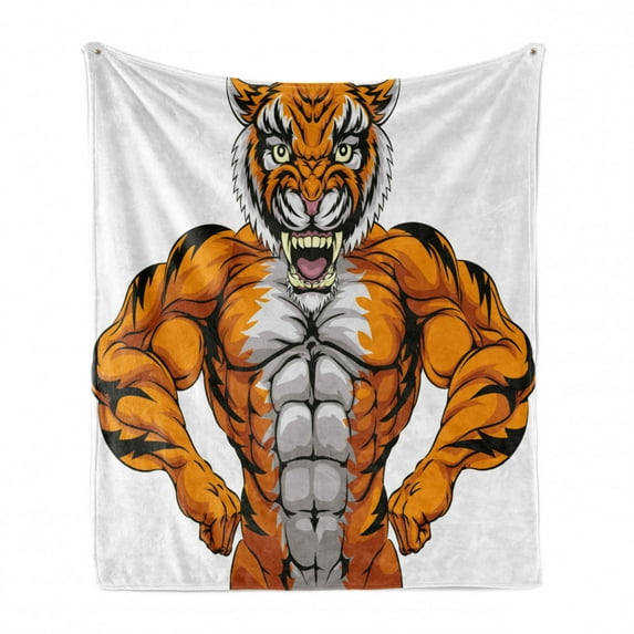 Animal Soft Flannel Fleece Throw Blanket, Wildlife Safari Animal Bodybuilder Tiger Cartoon Image, Cozy Plush for Indoor and Outdoor Use, 50" x 60", Pale Grey Marigold, by Ambesonne