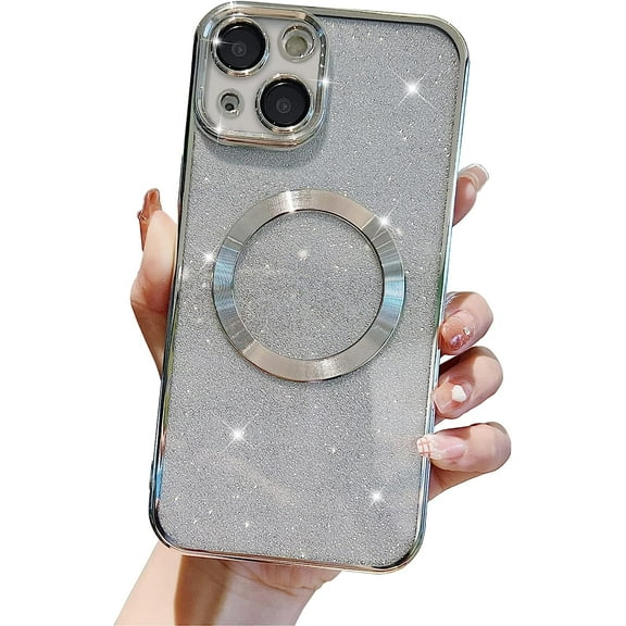 Compatible with iPhone 13 6.1" Magnetic Case [Compatible with MagSafe] with Camera Lens Protector, Luxury Plating Cute Glitter Bling Clear Case for Women Girls Soft TPU Cover-Silver