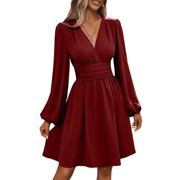 Women's Elegant Dress V Neck Long Sleeve High Waist Swing Prom Cocktail Short Dresses