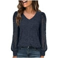 thumbnail image 3 of Fall Saving! HVOBTTY Women's Long Sleeved T Shirt, Fall and Winter Tops for Women, Women's Casual Fashion Solid Color V Neck Lace Paneled Versatile Pullover Top Navy, Navy, 3 of 4
